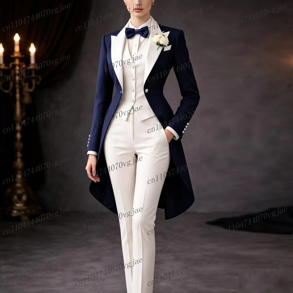 Women'S Formal Wear Suit - Navy Blue And White Long Women