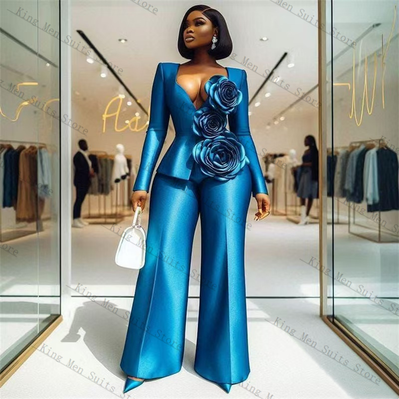Women Formal Wear Trousers - Blue Satin Women Suit Set 2