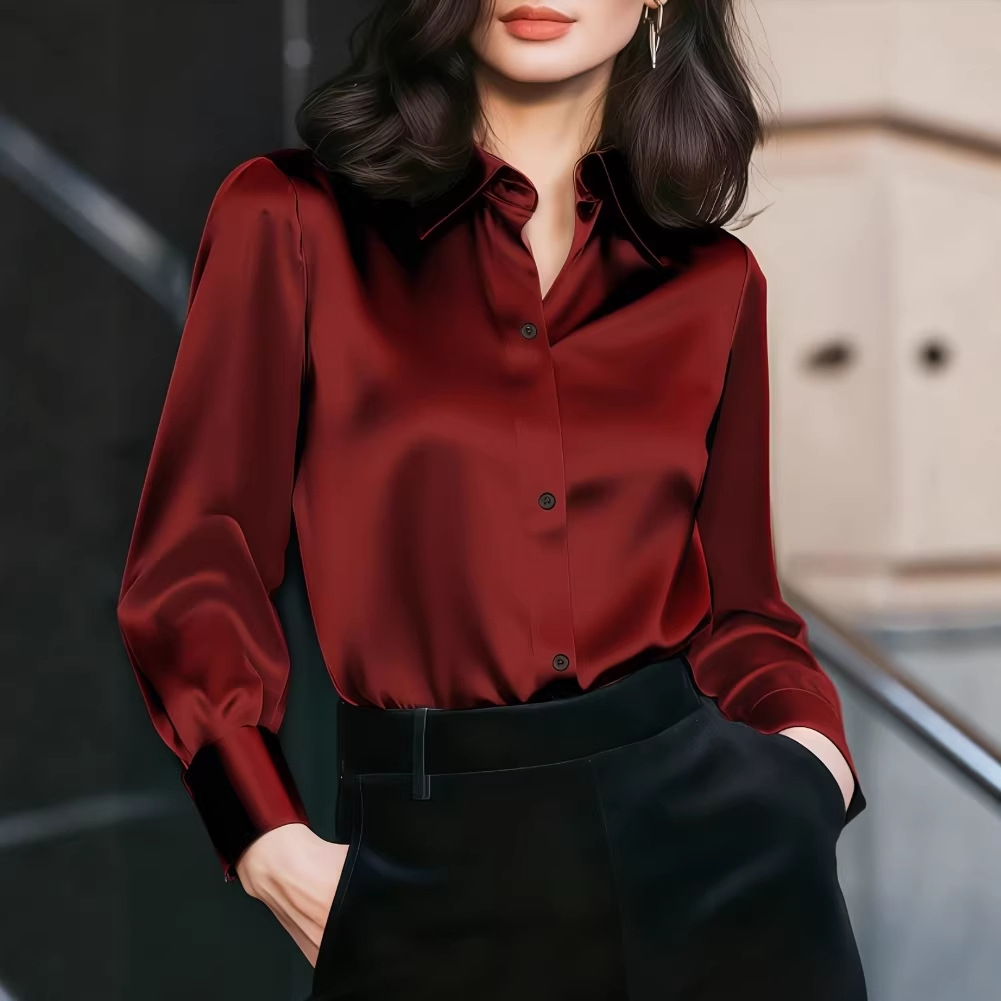 Women'S Elegant Formal Wear - Women Satin Lapel Collar Blouse Button